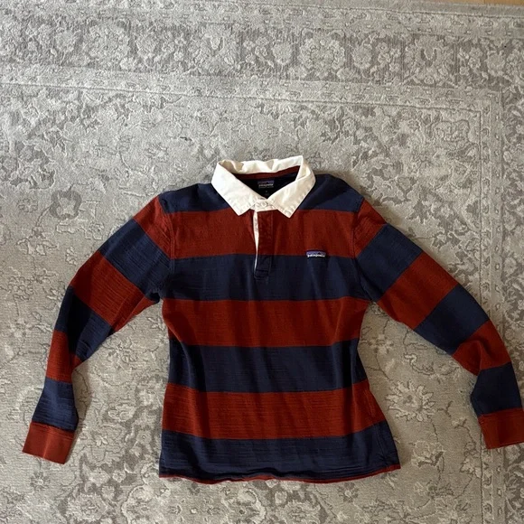 Vintage Patagonia Red and Navy Striped Long Sleeve original Rugby Polo Shirt